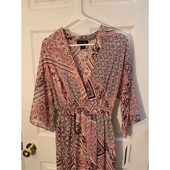STELLA & JULIE BOHO DRESS HI LO MIDI V NECK SHEER BURGUNDY/CREAM/MAUVE SZ 8 - Picture 2 of 14